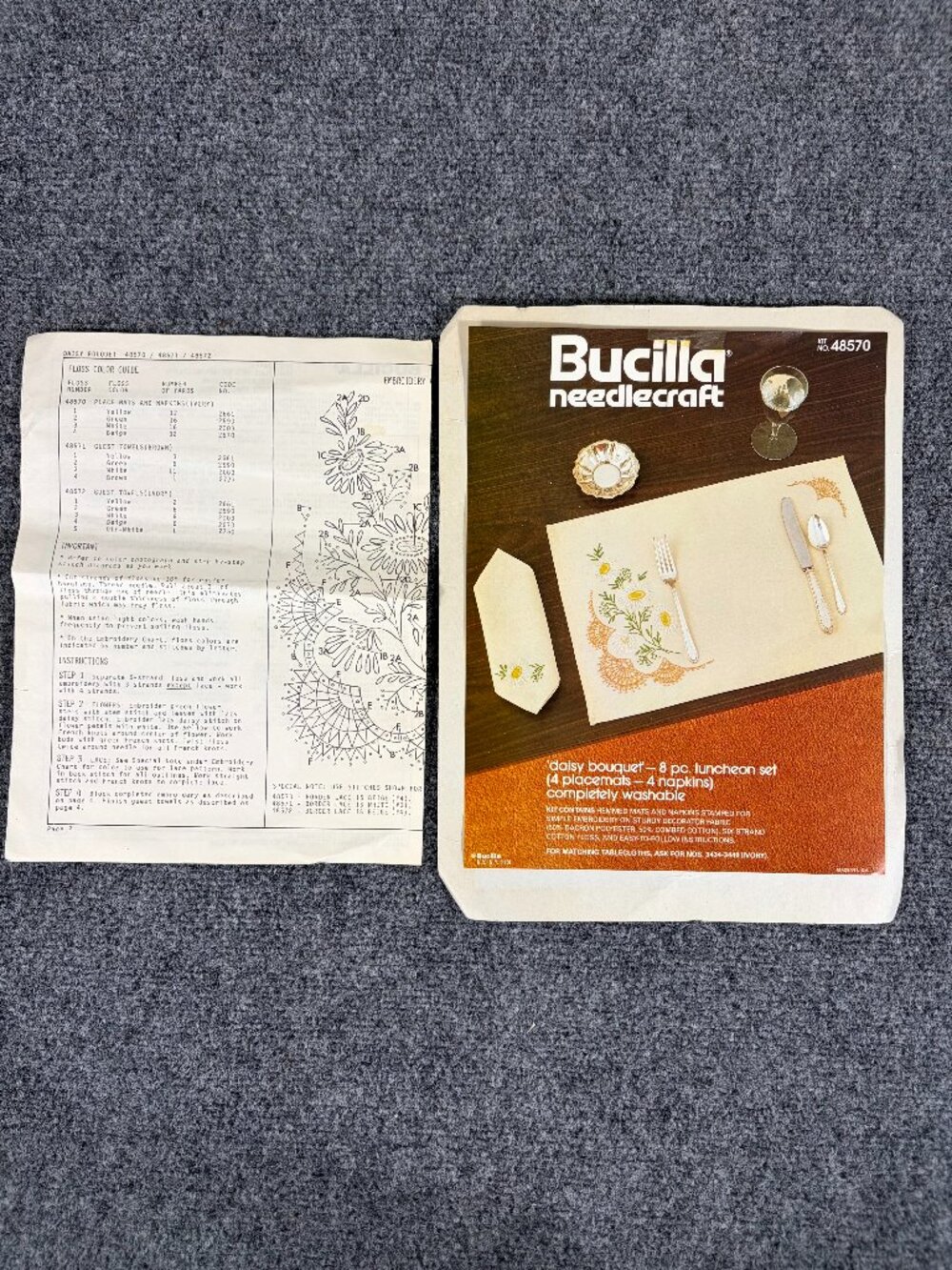 Bucilla Needlecraft ‘Daisy Bouquet’ 8 pc Luncheon Set VTG, Out Of Print #48570